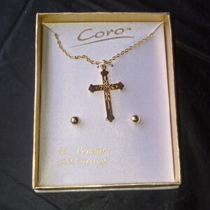 New Coro gold tone‎ cross necklace with earrings